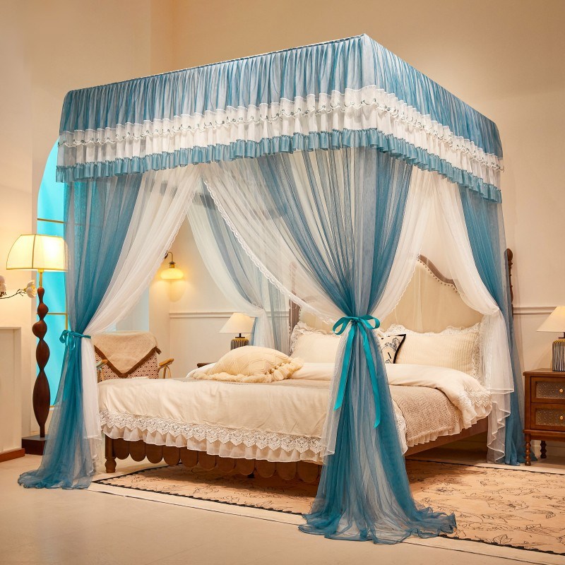 新款刺绣双层纱床帘高级感蚊帐三开门落地防蚊宫廷帐加厚烤漆支架