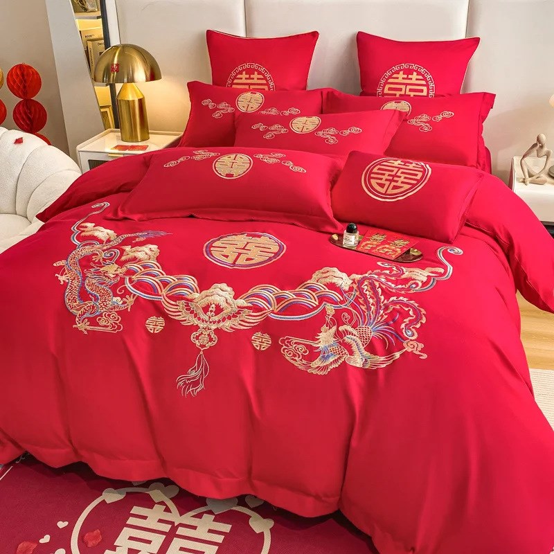 中式婚庆四件套水洗棉新婚红色床单高档刺绣结婚陪嫁秋冬床上用品