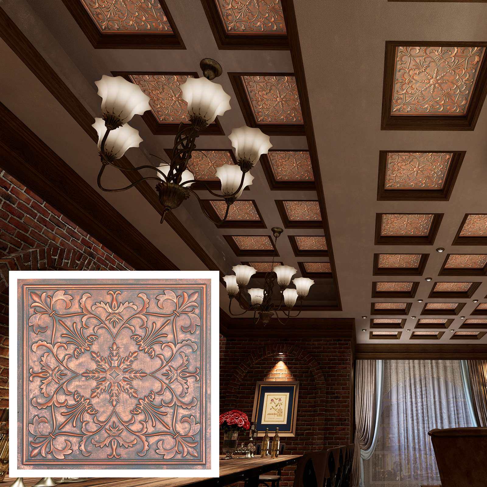605x605mm  美式复古3d吊顶天花板古典特色店铺专用 锈铜 PL70