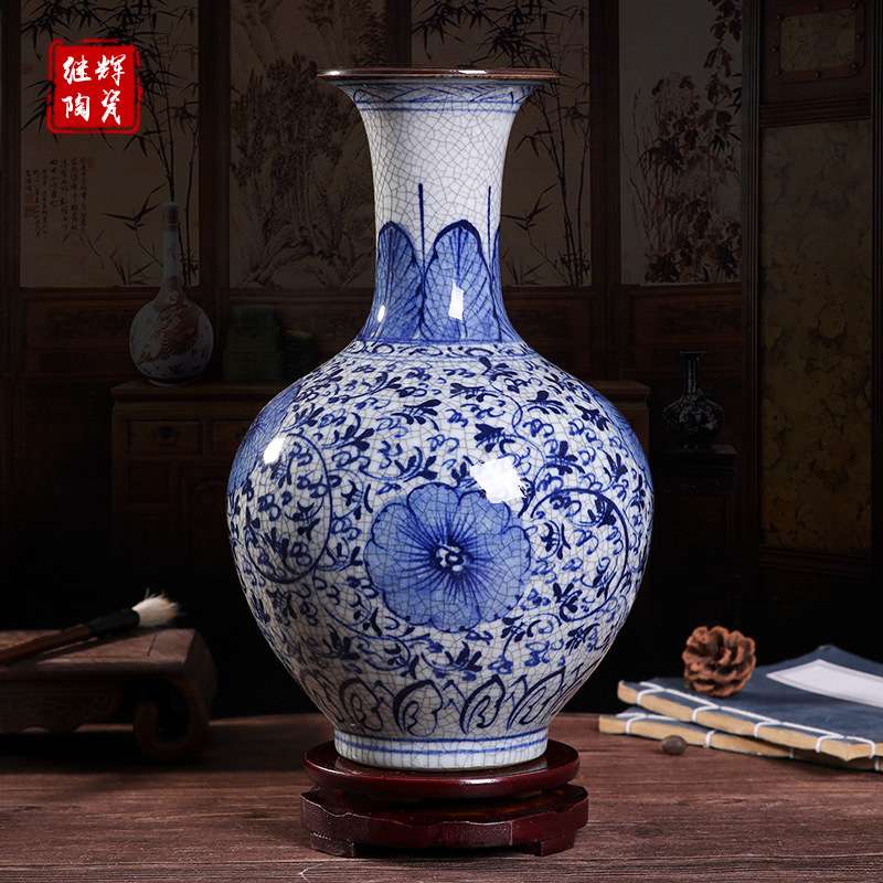 景德镇复古手绘青花瓷花瓶家居客厅装饰摆件中式裂釉工艺品陶瓷图片