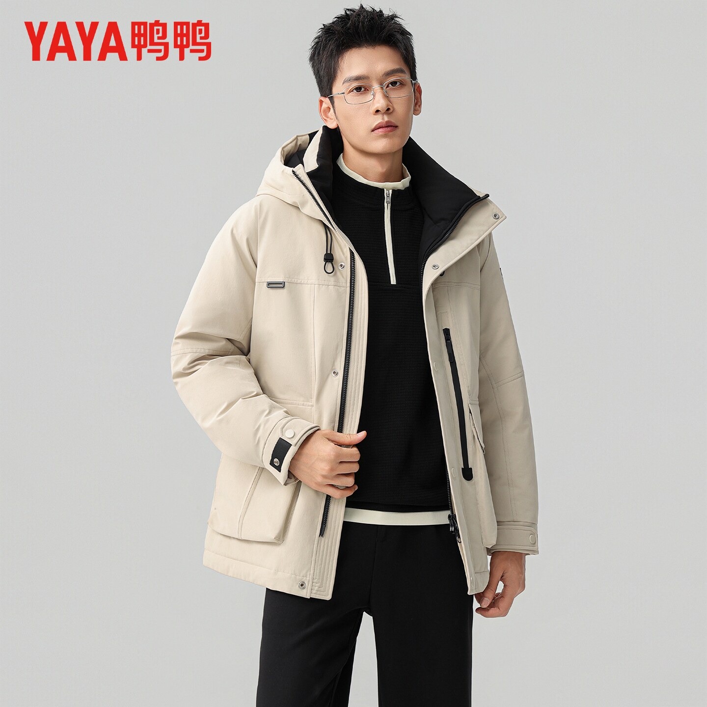 鸭鸭户外工装风羽绒服男款冬季加厚连帽中长款休闲百搭保暖外套男