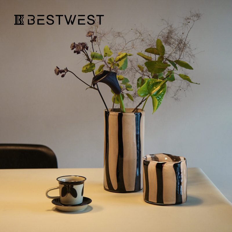 Bestwest覆古条纹玻璃花瓶现代简单易接近豪华高端客厅高端干花饰