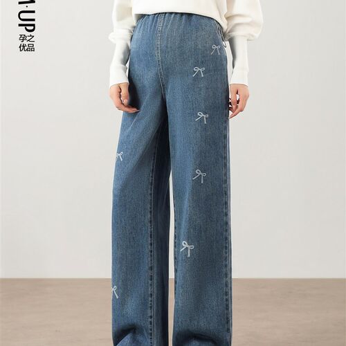 【新品】孕妇牛仔阔腿裤秋季外穿蝴蝶结印花O减龄显瘦不勒肚孕妇