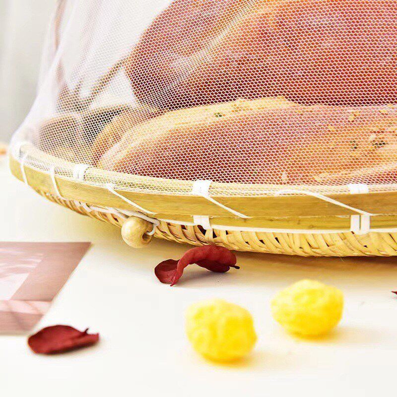 家用竹编制品带网罩防蝇竹篮馒头筐水果篮收纳筐簸箕有盖晾晒托盘
