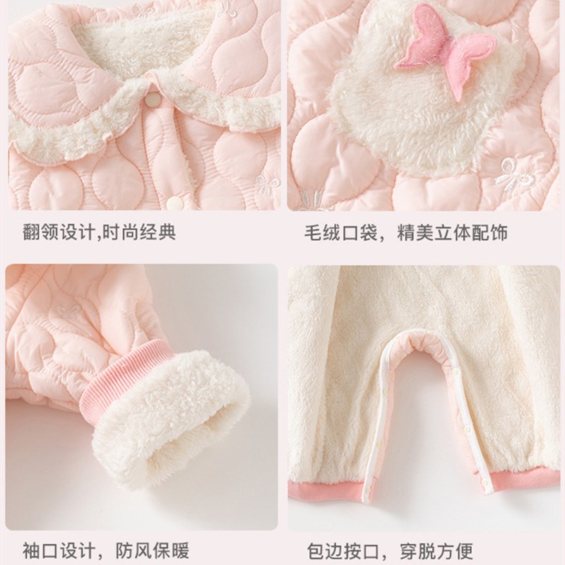 婴儿加绒连体衣秋冬女宝宝粉色洋气可爱超萌公主哈衣0-3个月6保暖