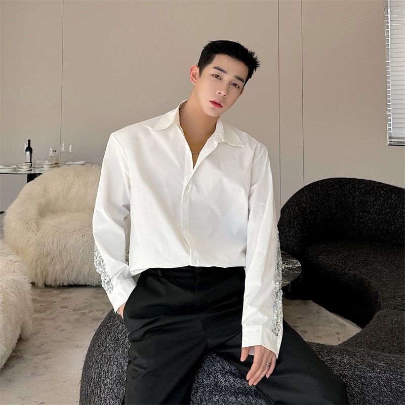 春装高级感小众后背亮片白色衬衫男长袖韩版设计感网红演出衬衣潮