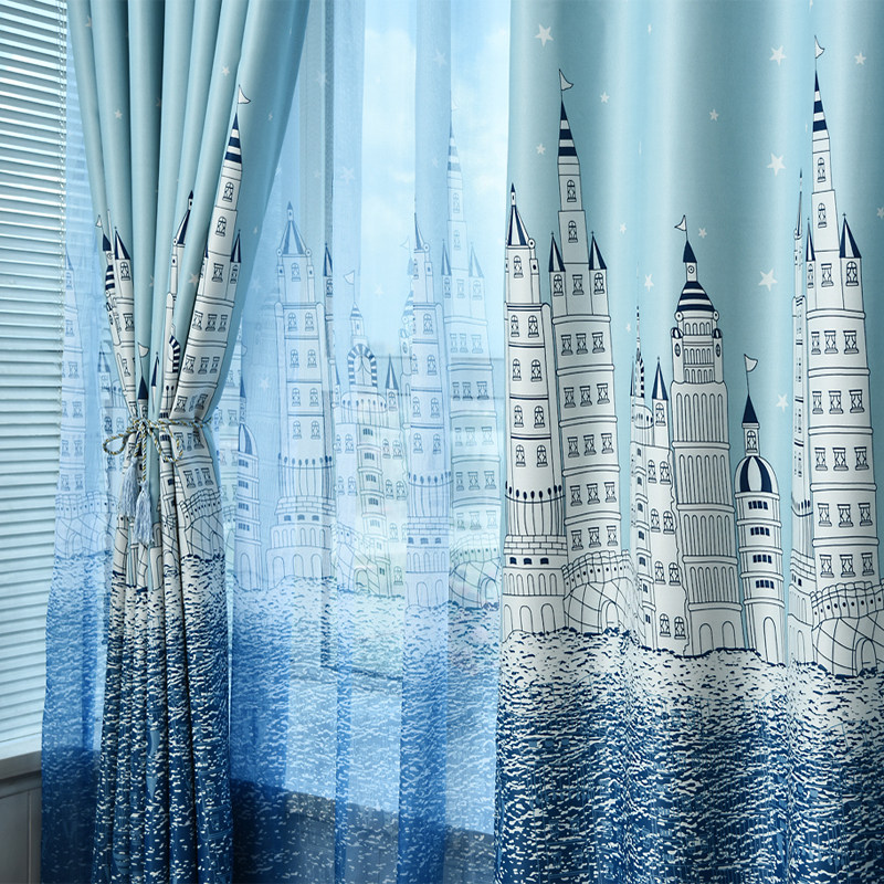 男孩窗帘布料地中海 卡通儿童房蓝色城堡窗帘男生 卧室全遮阳特价