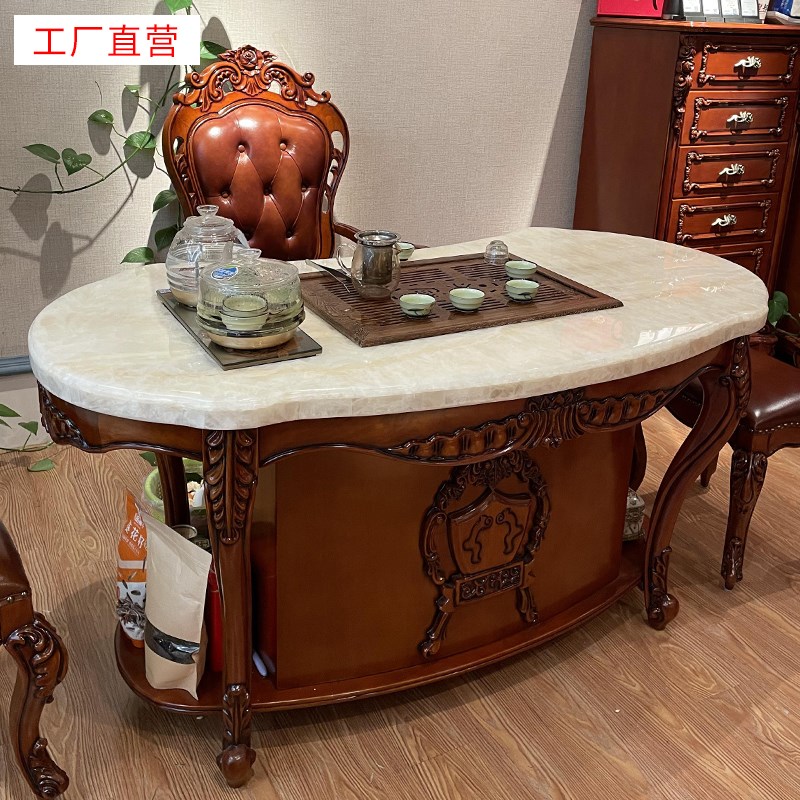 欧式功夫茶几g桌大理石台面椭圆形高档奢华实木雕花泡茶桌茶道整