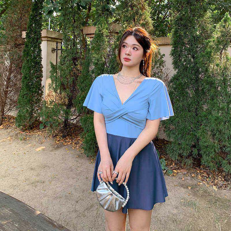 泳衣女胖DMD2405妹妹遮肚子显大码裙连身式泡温尺泉斤瘦游泳衣
