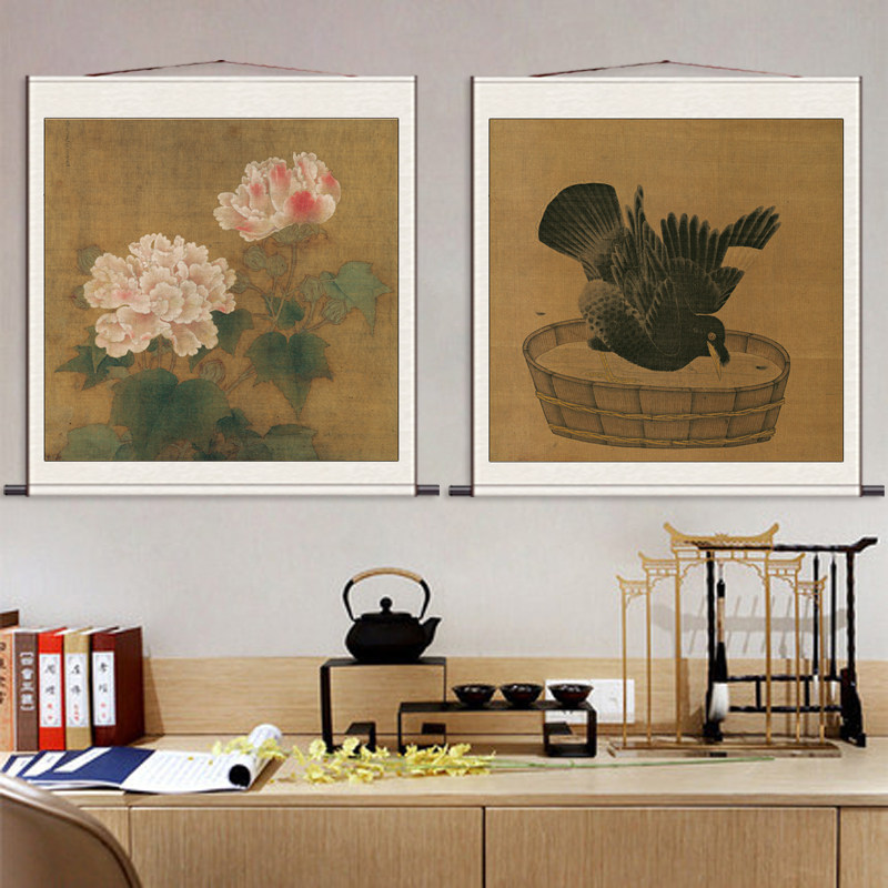 南宋李迪花鸟画斗方画宋代装饰画名家字画丝N绸卷轴画芙蓉牡丹家