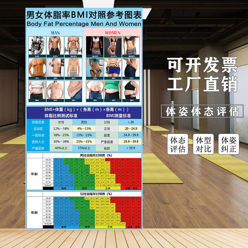 健身房男女体脂率BMI对照w表人体姿势对比图体脂表体态评估表壁画