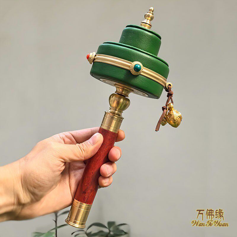 纯铜手摇21绿度母实木绿皮转桶底座顺滑手Z持随身转轮