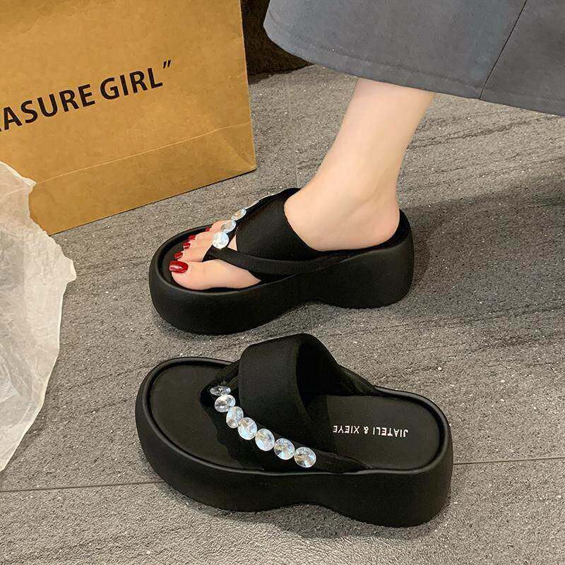 好夹脚人字拖鞋女夏货外Irzl5q7f新款黑趾色高穿级感松糕厚底套水