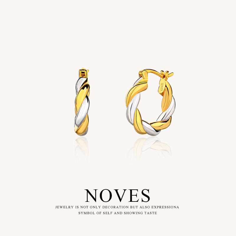 NOVES麻花耳环女纯银双色素圈