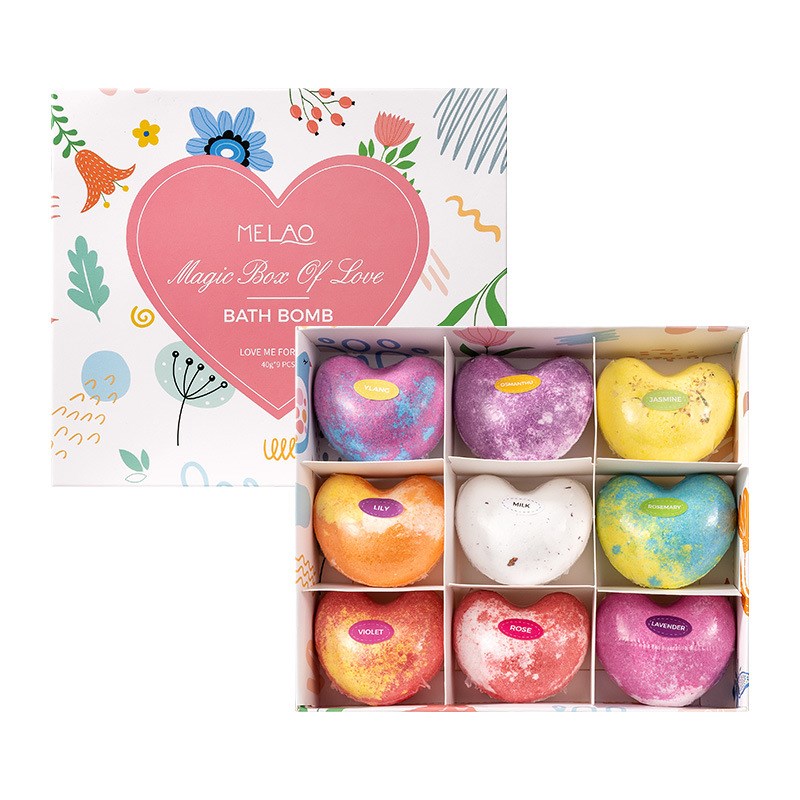 跨境爆炸爱心浴盐球9个装泡澡球套盒泡泡浴球心形气泡弹礼品装