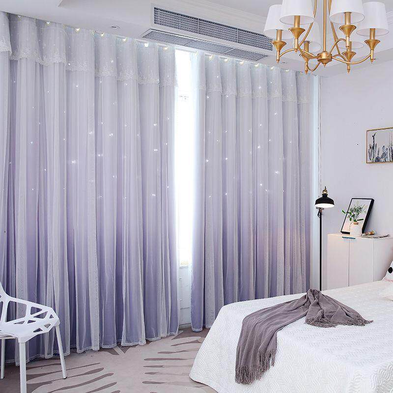 韩式双层镂空星星渐变网红窗帘公主风卧室客厅飘窗布纱一体供应厂