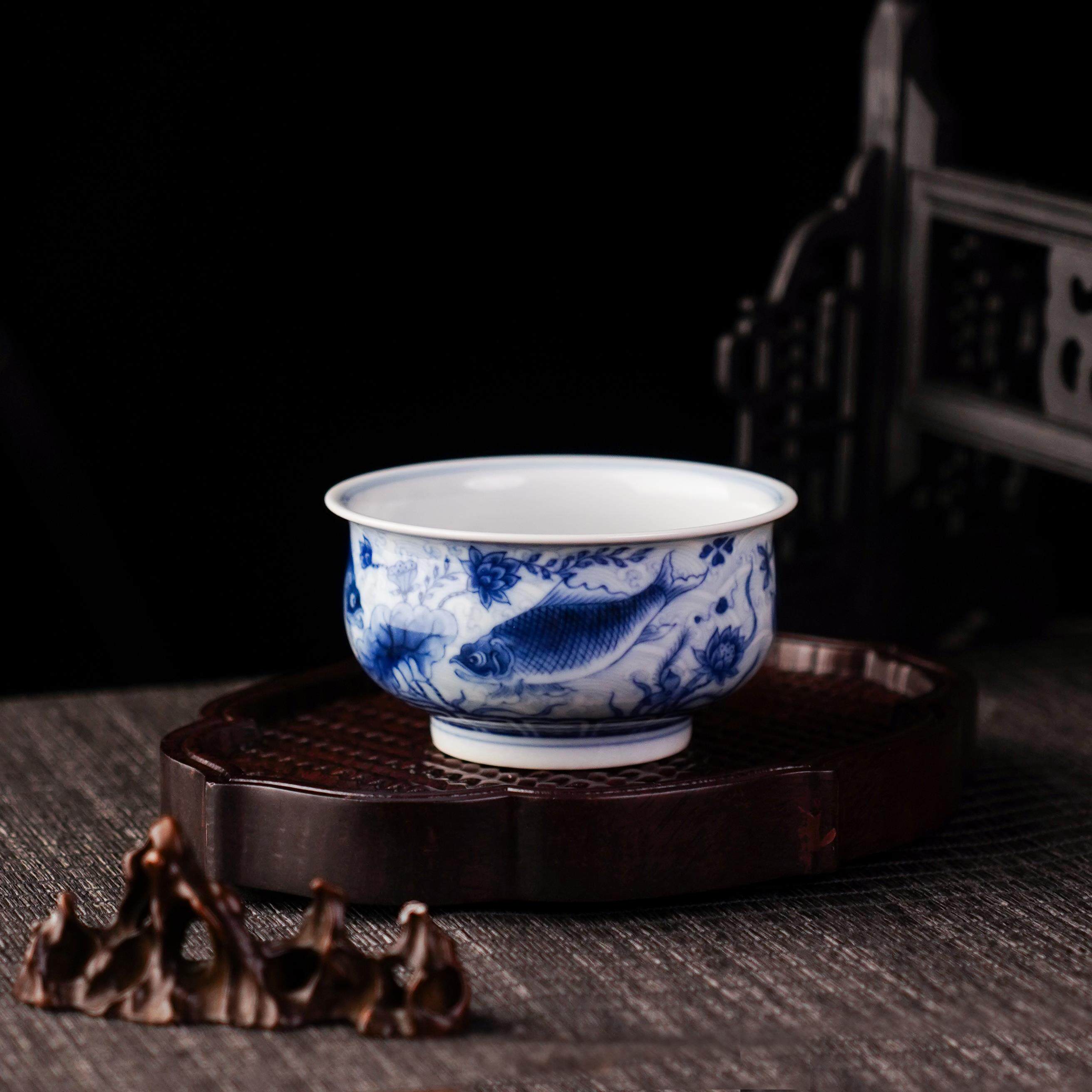 望月怀古淡海水鱼藻炉式杯陶瓷纯手工手绘全手工茶具茶杯青花家用