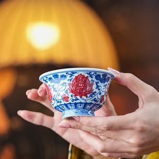 正德御窑刘建锋窑缠枝大花釉里红压手杯茶杯主人杯陶瓷杯子品茗杯