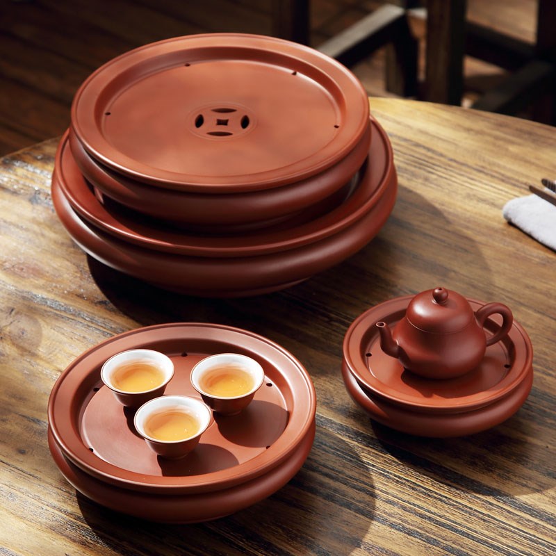 潮州纯手拉紫砂工夫茶船古铜钱朱泥茶盘壶承家用大号茶海10寸12寸
