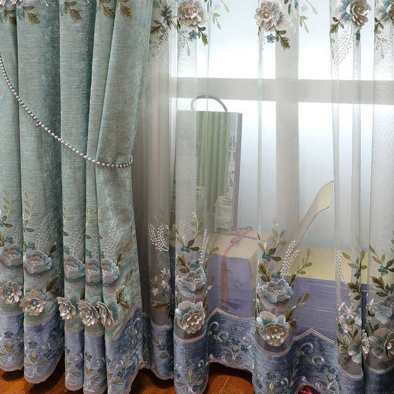 美丝梦莎加厚雪尼尔绣花窗帘布卧室女孩房韩式窗帘布料绿色新款