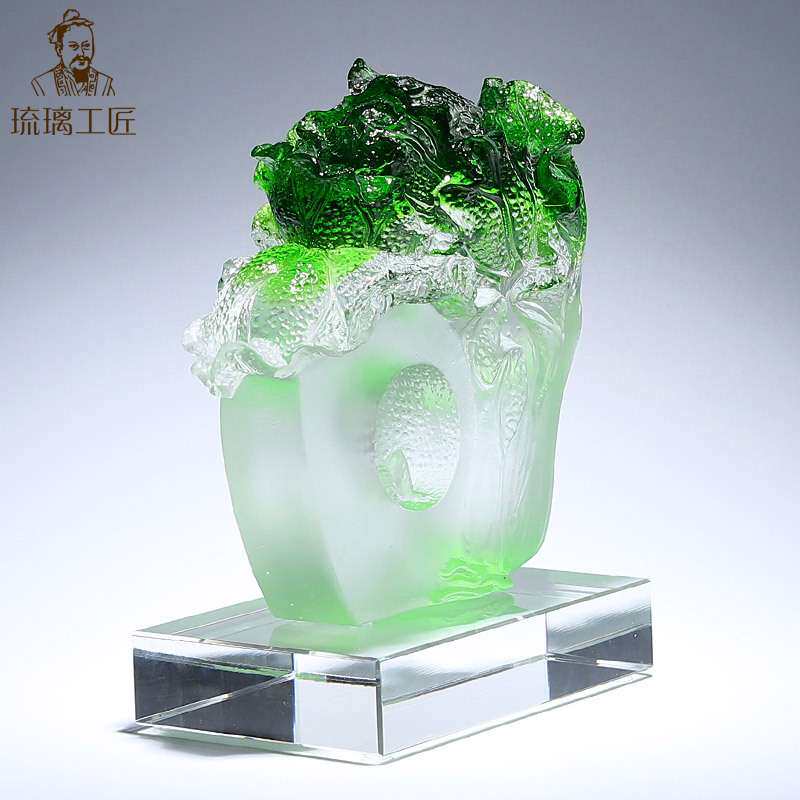 淄博琉璃翡翠玉白菜摆件招财财上生财客厅高端大气装饰玻璃工艺品