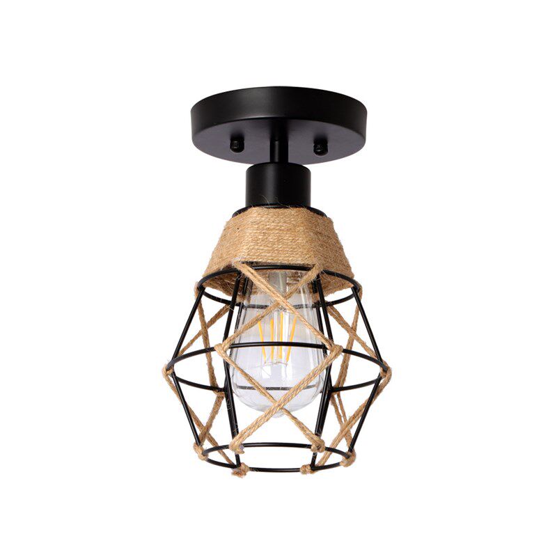 跨境复古铁艺吸顶灯竹艺笼子吸顶灯过道玄关餐厅民宿卧室麻绳灯具