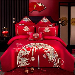 中式大红色婚庆床上四件套结婚房喜被亲肤棉龙凤刺绣被套备婚嫁妆