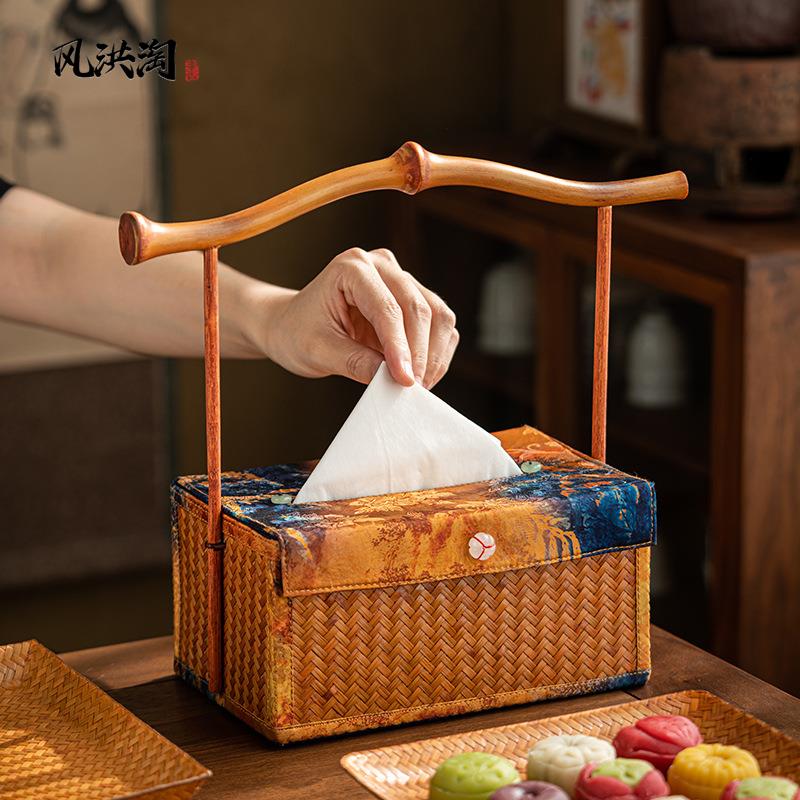 竹编创意纸巾盒客厅样板房摆件新中式抽纸盒手提餐巾纸盒复古文艺