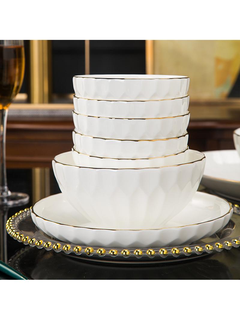 陶瓷家用欧式轻奢金边骨瓷餐具碗盘子碟面碗鱼盘商务礼品套装