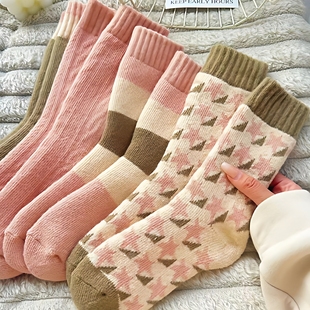 女袜2025新款纯棉冬厚袜子女秋冬款中筒袜潮款拼色毛圈花纹长袜冬