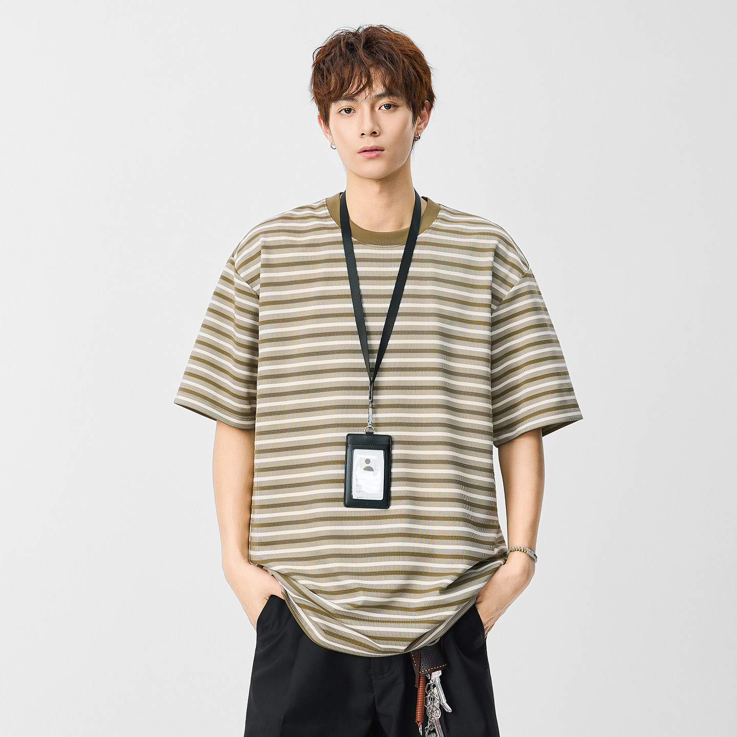 追素TS男士条纹短袖T恤2026夏季新款男生美式休闲宽松透气上衣