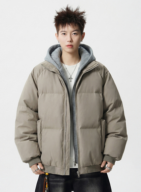 追素TS假两件pu皮棉服男款2025秋冬新款男生重磅连帽保暖棉衣外套