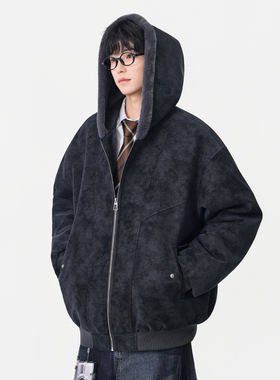 追素TS秋冬季2025新款男生保暖皮毛连帽夹克男士加厚休闲宽松外套