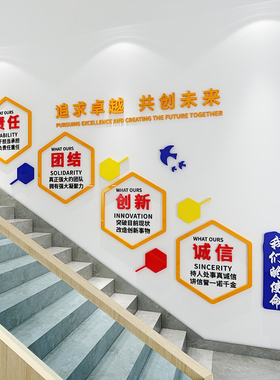 公司企业文化背景墙贴立体亚克力多边形自粘楼梯装饰办公室布置画