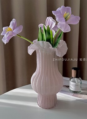 法式百褶花瓶温柔紫装饰摆饰客厅插花高级感中古芬顿花器乔迁礼品