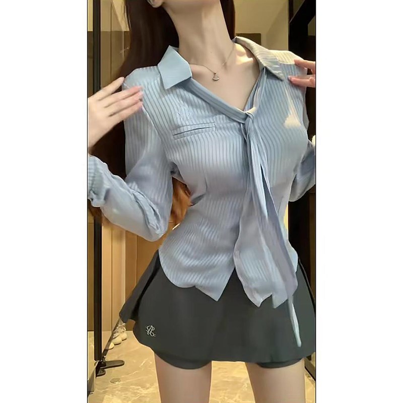学院风套装裙女条纹收腰长袖衬衫秋季纯I欲风甜辣妹半身裤裙两件