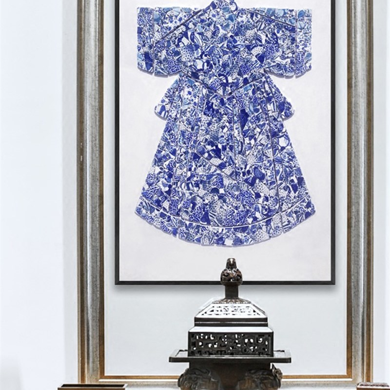 新中式玄关青花瓷陶瓷实物立体装饰画风茶室侘寂风客厅背景墙挂画