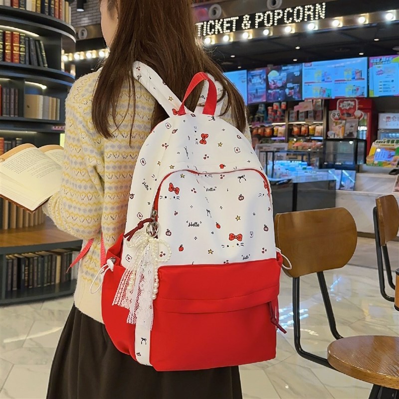 印花图案韩e式双肩包女上学上课日常够用轻便学生书包通勤旅行背