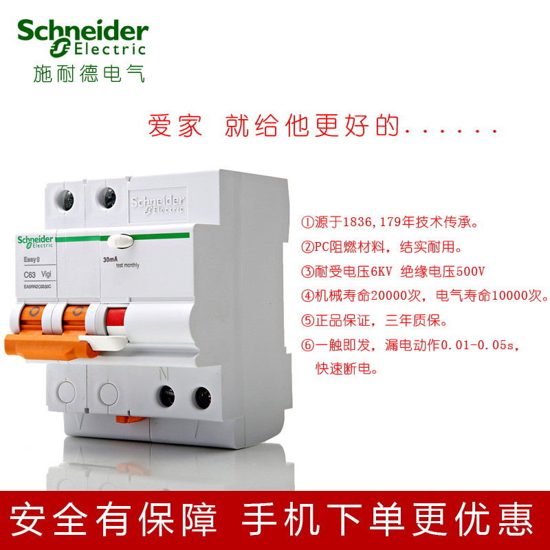 施耐德断路器 空气开关Easy9空开家用总开关2P63A-10A带漏电保护