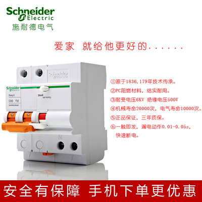 施耐德断路器 空气开关Easy9空开家用总开关2P63A-10A带漏电保护