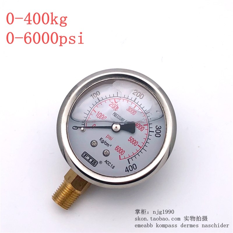 FTB立式充油耐震气压表0-400kg液压表6000psi压力表2分螺纹1/4PT