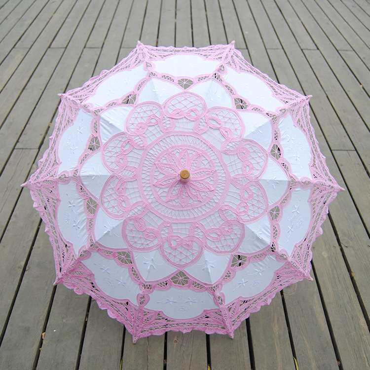 工艺花边蕾丝钩花棉布绣花伞 晴雨遮阳婚礼装饰吊装白带丽木柄伞