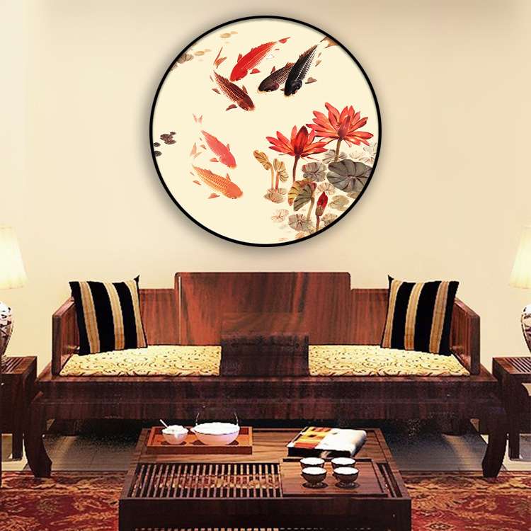新中式圆形装饰画荷花九鱼图客厅卧室玄关风水招财装饰挂画图片