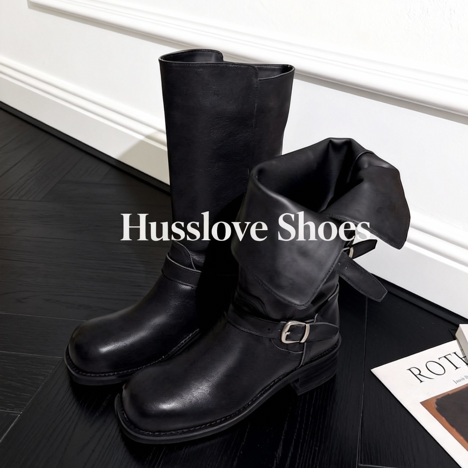 HUSSLOVE 头层牛皮·跟高4CM·时尚皮带扣两穿酷飒中筒靴骑士靴女