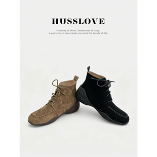 HUSSLOVE 羊翻皮·跟高4.5CM·复古运动底细绒磨砂皮系带马丁短靴
