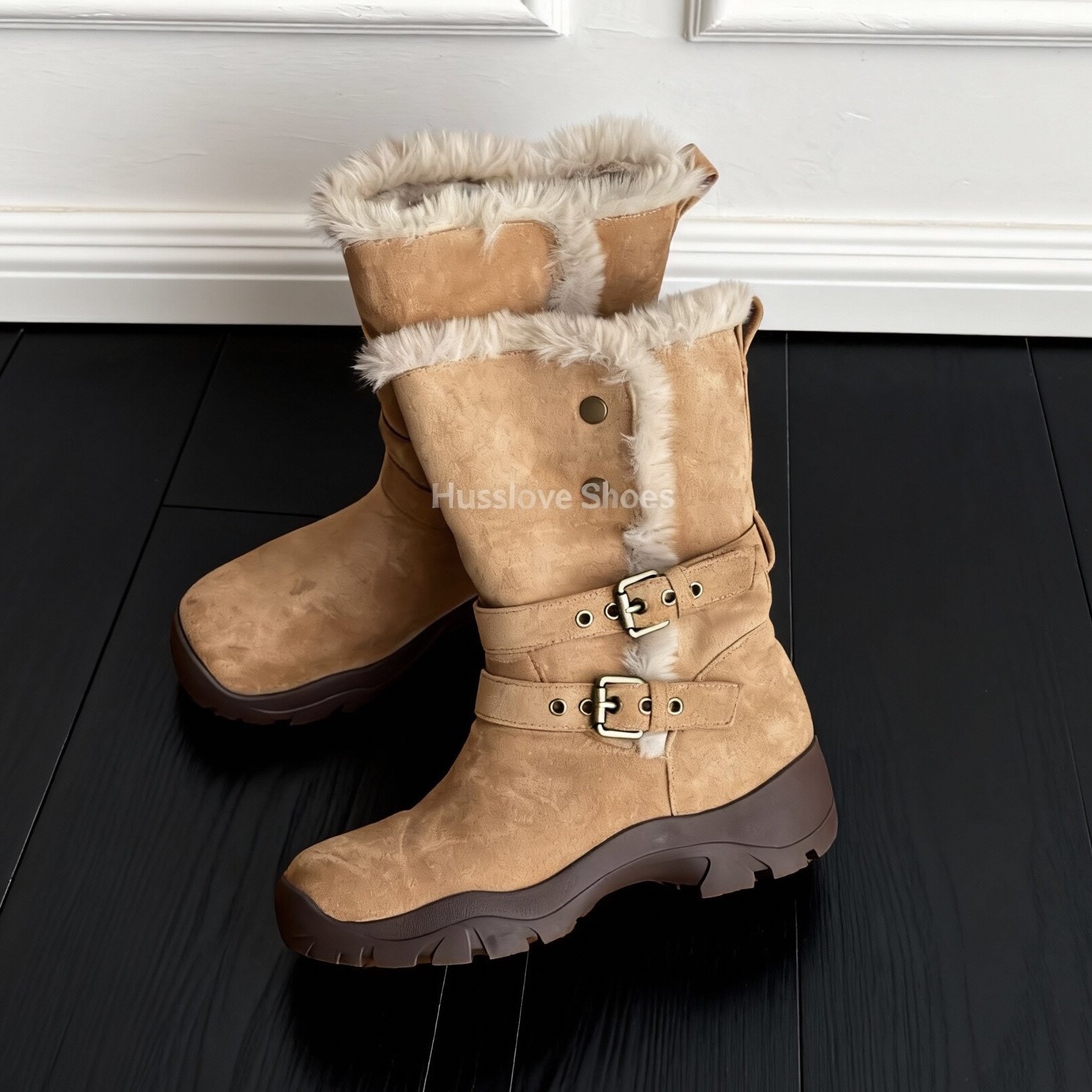 HUSSLOVE 绒面·跟高4CM·时尚冬季新款加厚可翻折两穿厚底雪地靴