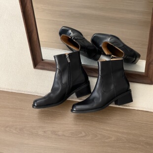 HUSSLOVE 头层牛皮·跟高5CM·复古英伦风静音底水洗侧拉链短靴女