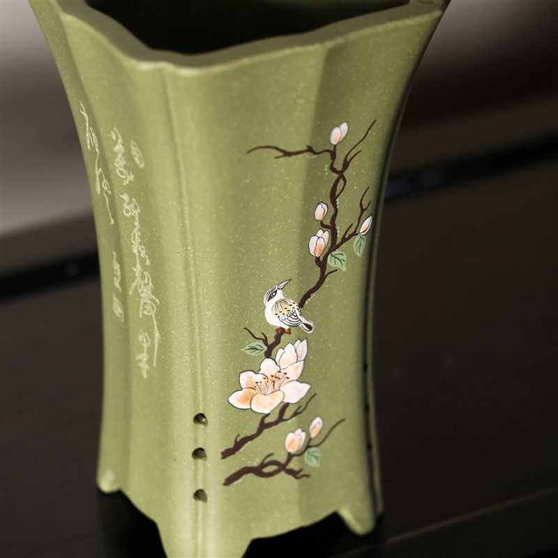 紫砂花盆陶瓷盆景盆苏玲名家盆手绘刻绘花鸟兰花盆绿泥兰盆觅陶乡