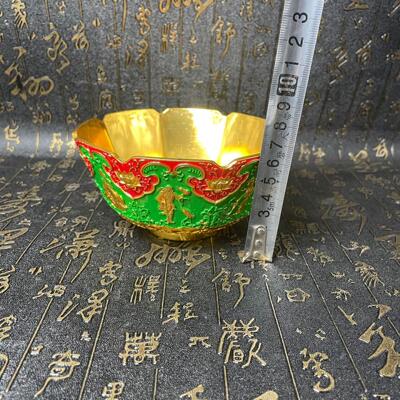 工艺品仿古合金金碗摆件家居装饰八仙彩绘蝙蝠底碗工艺品摆件杂项