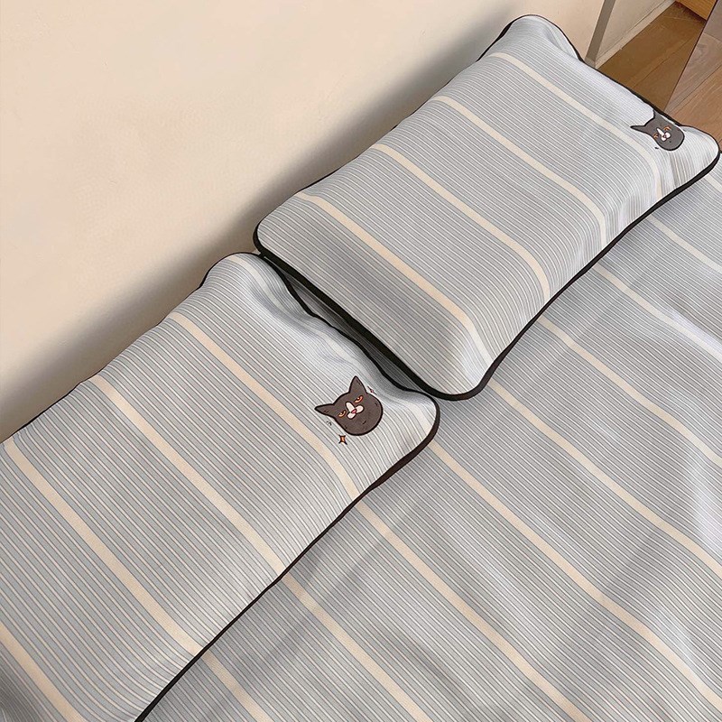 可爱蓝猫凉席冰丝席凉感夏季冰丝凉席三件套单双人学生宿舍软席